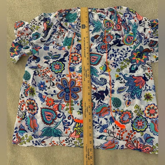 Milly Womans Peasant Top Size M Colorful Semi sheer Top Blouse Tassle Tie Shirt - Picture 6 of 8